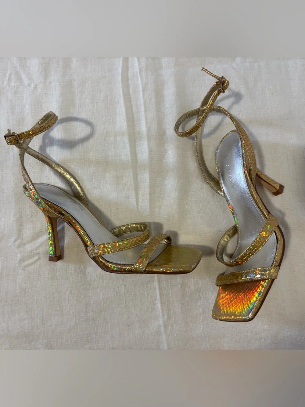 Marc Fisher Gold Holographic Strappy Heels Size 6M Square Toe Sandals